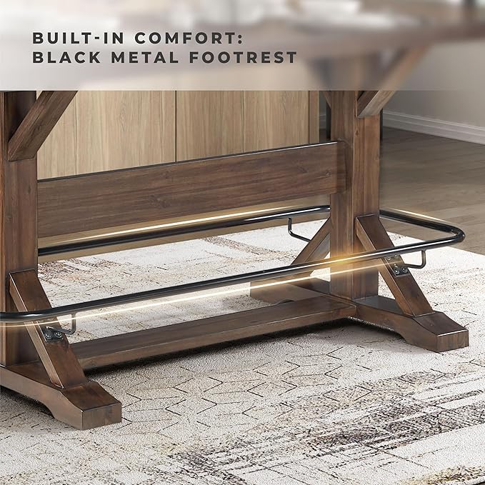 Lexicon 78 Inch Rectangular Counter Height Dining Table for 6, Rustic Farmhouse Kitchen Table, Rubberwood, Acacia Veneer, Black Metal Footrest, for Dining Room/Kitchen, Brown