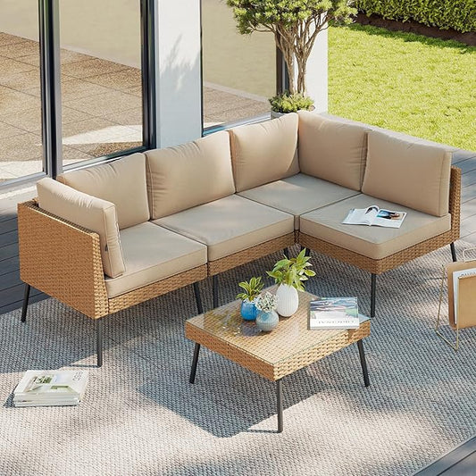 Aoxun Patio Furniture Set, 5 Piece Outdoor Sectional Sofas with Thick Cushion, Wicker Outdoor Patio Furniture Set with Coffee Table for Party, Garden, Backyard, Beige