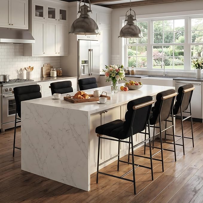 Black Linen Bar stools Set of 6, 25” Modern Upholstered Counter Stools with Black Metal Legs, Armless Counter Height Barstools with Channel Tufted Back for Kitchen Island Home Pub