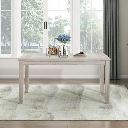 Lexicon 60" Farmhouse Dining Table for 4-6 People, Solid Wood Frame Acacia Veneer Rectangular Kitchen Table, for Kitchen, Dining Room, Living Room, Assembly Required, Brushed Antique White Finish