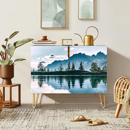 SIGNWIN Sideboard Buffet Cabinet, Kitchen Storage Cabinet with 2 Doors, Mountain Pine Tree Blue Sky Forestism, Cupboard Console Table for Dining Room - 35" L x 18" W x 29" H