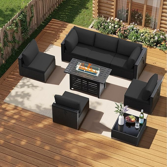 Patio Furniture Set 7 Pieces Conversation Set Wicker Outdoor Sectional Sofa,Ergonomic Armrests Couch with Cushion and Glass Table (Black-Black, 8 Piece-Fire Table)