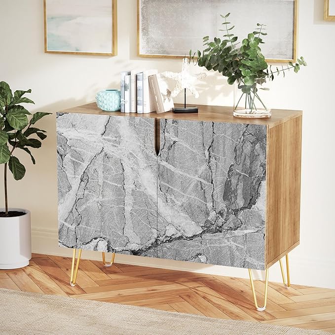 SIGNWIN Sideboard Buffet Cabinet, Kitchen Storage Cabinet with 2 Doors, Gray & White Granite Stonewash Style, Cupboard Console Table for Dining Room - 35" L x 18" W x 29" H