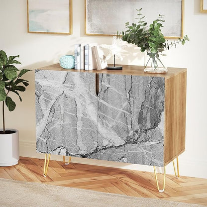 SIGNWIN Sideboard Buffet Cabinet, Kitchen Storage Cabinet with 2 Doors, Gray & White Granite Stonewash Style, Cupboard Console Table for Dining Room - 35" L x 18" W x 29" H