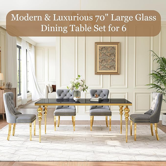 7 Piece Glass Dining Table Set, Modern 70 Inch Gold Rectangular Glass Kitchen Table, 6 Gray Exquisite Velvet Cushion Chairs for Living Room, Restaurant (Black-Top)