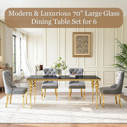 7 Piece Glass Dining Table Set, Modern 70 Inch Gold Rectangular Glass Kitchen Table, 6 Gray Exquisite Velvet Cushion Chairs for Living Room, Restaurant (Black-Top)