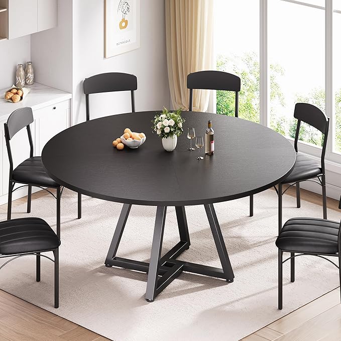Jocoevol 51“ Round Kitchen Dining Room Table for 6-8, Circle Dining Dinner Table with Pedestal Metal Frame, Space Saving Wood Industrial Furniture for Small Space (Black, 51In)