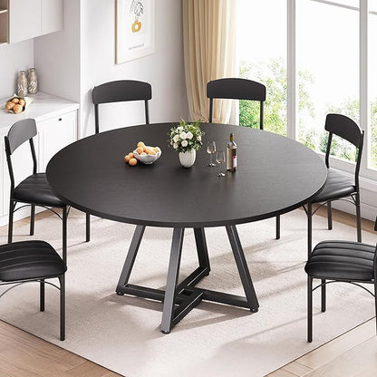 Jocoevol 51“ Round Kitchen Dining Room Table for 6-8, Circle Dining Dinner Table with Pedestal Metal Frame, Space Saving Wood Industrial Furniture for Small Space (Black, 51In)