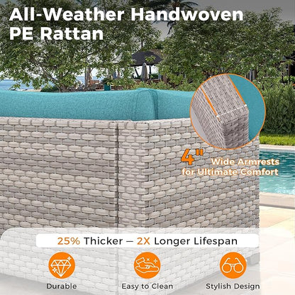 8-Seat Modern Patio Furniture Set with Swivel Rocking Chairs, Thick 4″ Cushions, Dual-Strand Wicker Rattan, Rust-Resistant Steel Frame – Outdoor Conversation & Modular Sectional,Blue