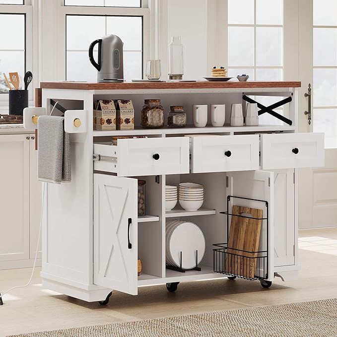 RUNNA 46.5'' Farmhouse Kitchen Island with Drape of Beads,Power Outlet,Rolling Kitchen Cart on Wheels with Drop Leaf, 3 Doors,3 Drawers and Internal Iron Shelf,Dining Room (White@72)