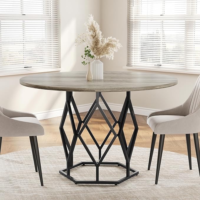 GarveeHome 47-inch Round Dining Table for 4-6 People, Farmhouse Kitchen Table with Diamond Metal Base, Industrial Wood Circle Dinner Table for Dining Room, Kitchen, Living Room, Grey