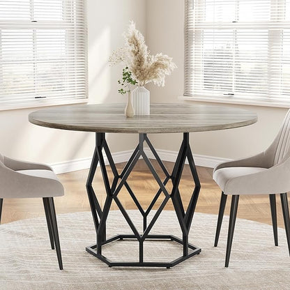 GarveeHome 47-inch Round Dining Table for 4-6 People, Farmhouse Kitchen Table with Diamond Metal Base, Industrial Wood Circle Dinner Table for Dining Room, Kitchen, Living Room, Grey