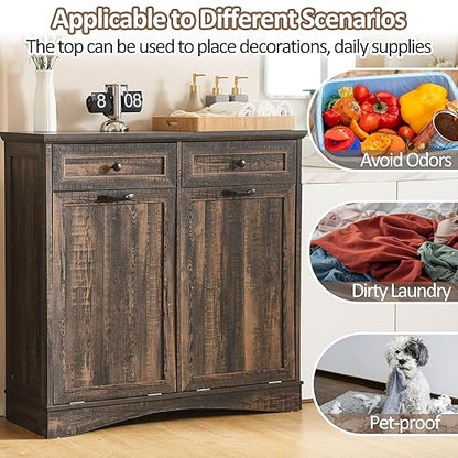 Double Tilt Out Trash Cabinet Freestanding Wooden Garbage Can Cabinet with Hideaway Drawers, 2x13 Gallons Pet Proof Garbage Can Holder for Kitchen Living Room, Rustic Brown
