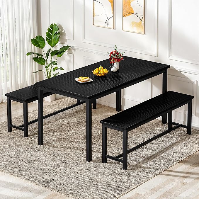 Lamerge Kitchen Table Set with 2 Benches 4 Person Dining Room Table Set for Home Kitchen, Dining Room, Restaurant, Space Saving, Black, 43.3''L x23.6''W x28.5''H (43B)