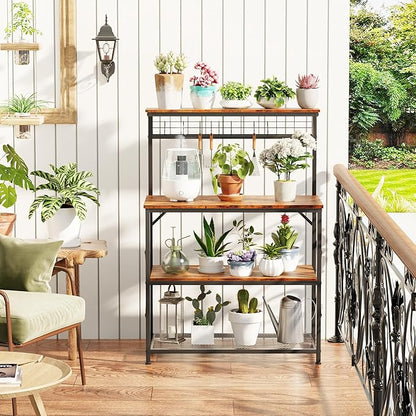 Furologee Kitchen Bakers Rack with Hutch,Coffee Stand with Storage 4 Tiers,Coffee Bar Station with a 31.5 Inch Larger Desktop and 8 S Hooks,Kitchen Microwave Rack for Spices,Pots,Rustic Brown