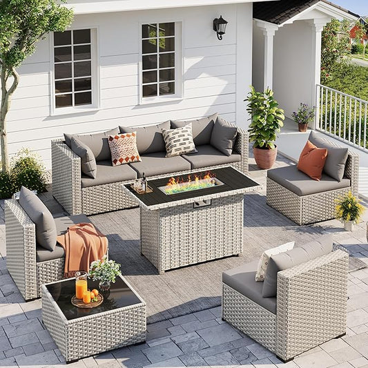 UDPATIO Patio Furniture Set with Fire Pit Table, 8 Pieces Outdoor Sectional Sofa, PE Wicker Patio Conversation Set for Garden, Backyard Grey