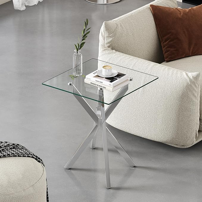 Square Side Table with X-Shaped Silver Chrome Metal Base, Tempered Glass End Tables Small End Table, Living Room Sofa Couch Side Table, Modern Bedsde Tables Bedroom Night Stand, Clear Nightstand