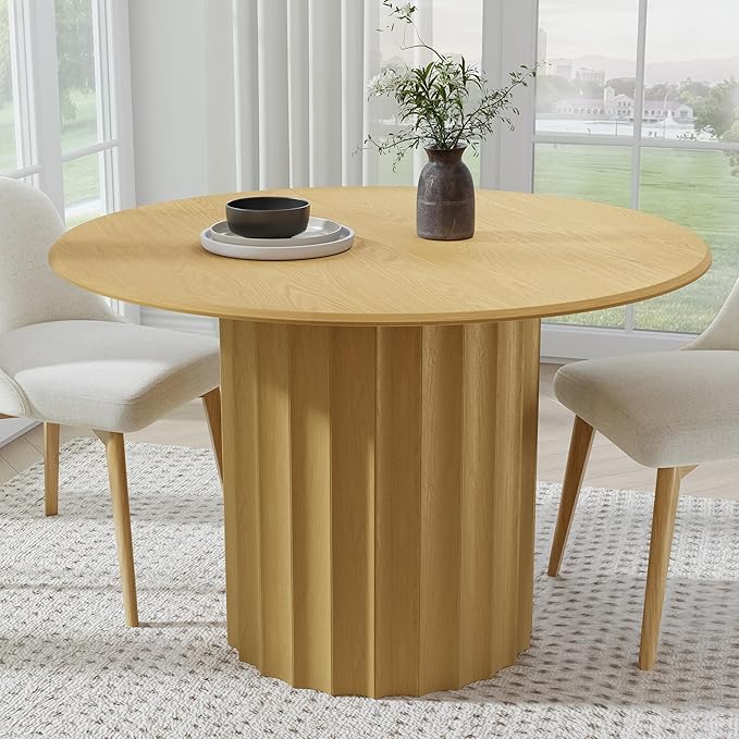 Casaphoria 46" Round Dining Table, Modern Wood Kitchen Table with Cylindrical Wide Bar Concave Base for Living Room & Dining Room, Easy Assembly Farmhouse Furniture for 4-6, Oak