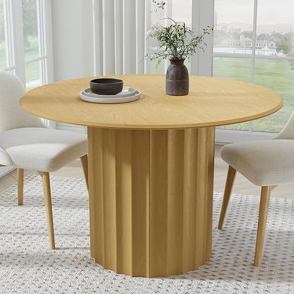 Casaphoria 46" Round Dining Table, Modern Wood Kitchen Table with Cylindrical Wide Bar Concave Base for Living Room & Dining Room, Easy Assembly Farmhouse Furniture for 4-6, Oak