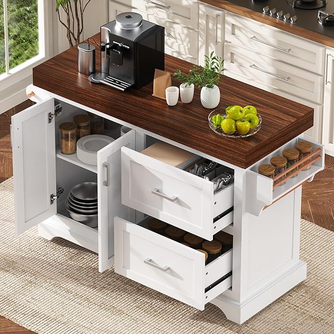 53.25" Large Kitchen Island with Storage on Wheels and 2 Extra-large Drawers, Rolling kitchen Island with Spice Rack and Towel Rack, Mobile Dining Table with 3.5" Thick Desktop and Cabinet White