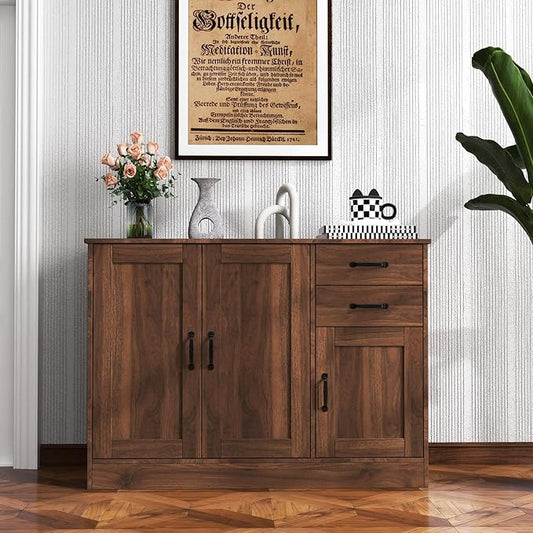 43" Modern Wood Sideboard Buffet Cabinet with Storage,Coffee Bar Cabinet with 2 Doors,Kitchen Island Storage Cabinets with 2 Drawers,Entryway Cabinet with Movable Shelves,Dining Room Console (Walnut)