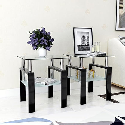 Set of 2 Glass End Table, Glass Side Table with Tempered Glass Top & Metal Legs, Living Room Table Modern Square Tea Table Side Tables 2-Layer for Living Room