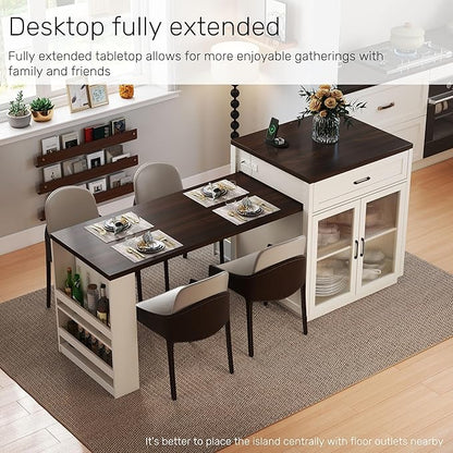 Kitchen Islands with Extendable Dining Table, 83.1" Mobile Kitchen Storage Islands, for 2-6 Person, with Tempered Glass Doors, Woodgrain Dining Table,Power Outlet,Bar, with Slide Out Table
