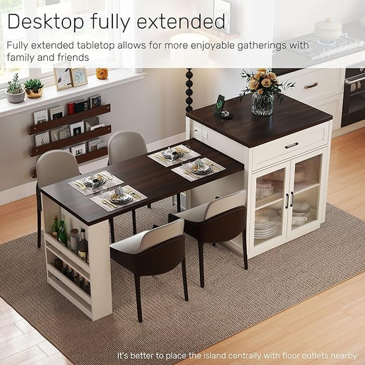 Kitchen Islands with Extendable Dining Table, 83.1" Mobile Kitchen Storage Islands, for 2-6 Person, with Tempered Glass Doors, Woodgrain Dining Table,Power Outlet,Bar, with Slide Out Table