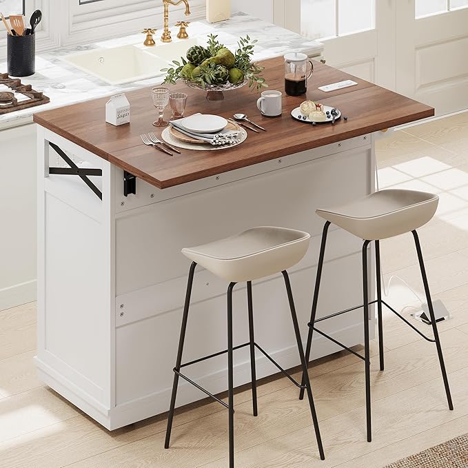 Ball & Cast Farmhouse Kitchen Island with Drape of Beads & Power Outlet, Rolling Kitchen Cart on 5 Wheels, 3 Drawers, Internal Iron Shelf & Towel Rack, for Kitchen & Dining Room, White