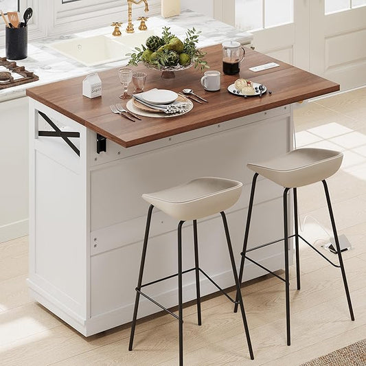 RUNNA 46.5'' Farmhouse Kitchen Island with Drape of Beads,Power Outlet,Rolling Kitchen Cart on Wheels with Drop Leaf, 3 Doors,3 Drawers and Internal Iron Shelf,Dining Room (White@72)