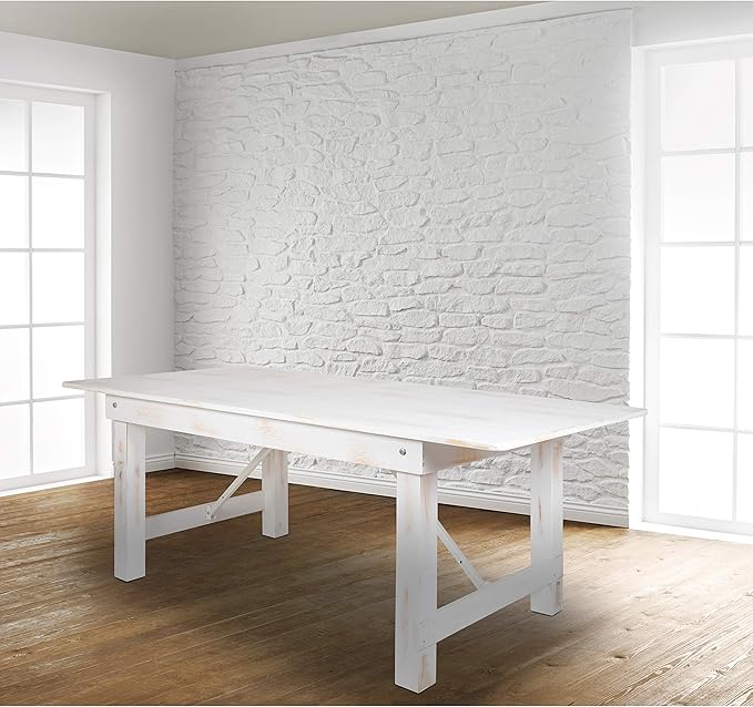 Flash Furniture HERCULES Series 7' x 40" Rectangular Antique Rustic White Solid Pine Folding Farm Table