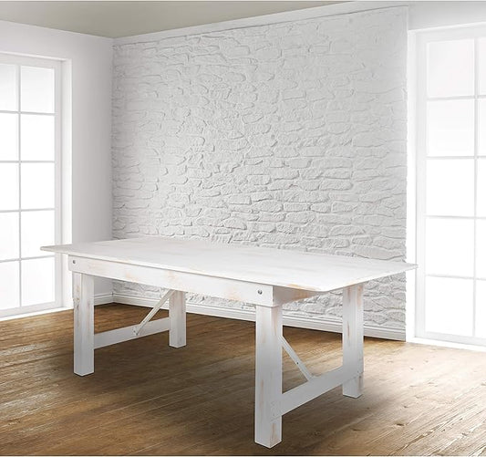 Flash Furniture HERCULES Series 7' x 40" Rectangular Antique Rustic White Solid Pine Folding Farm Table
