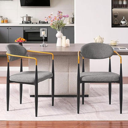 Modern Upholstered Accent Chair Set of 2 with Ergonomic Backrest,Gold Accented Armrests,Linen Fabric Seat,Black Metal Frame,Contemporary Seating for Dining Room,Kitchen Island (Grey,Dining Chair)