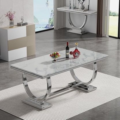 68" White Silver Marble Dining Table, Modern Kitchen Table with 0.79" Faux Marble Tabletop and Mirrored Stainless Steel Frame, Luxurious Rectangular Dining Room Table for Kitchen(No Chairs)