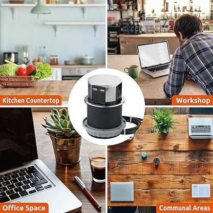 Link2Home Space Saver Pop Up-Outlet, 3 Power Outlets 15 Amp, 2 USB Ports 2.4 Amp, Overload Protection, Splash Resistant EM-PU-100E
