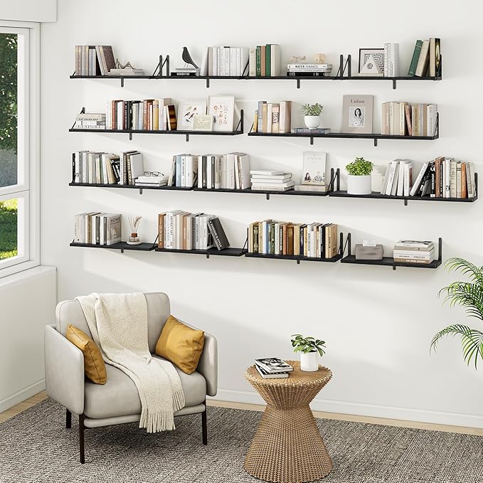 Heimlove Floating Book Shelves for Wall,35.4 Inches Long Wall Mounted Bookshelves,Heavy Duty Bracket Shelves for Living Room Kitchen,Laundry Room Storage & Decor,Set of 3,Black