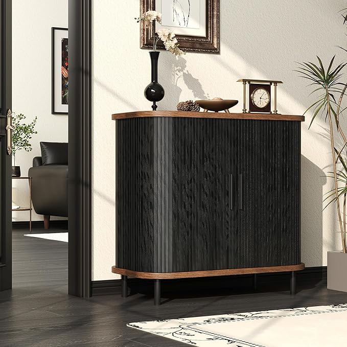 UNIQUITE Fluted Sideboard Buffet Cabinet, 31''W Storage Cabinet with Sliding Door, Coffee Bar Buffet Cabinet for Living Room, Kitchen, Entryway, Black