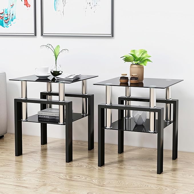 Set of 2 Glass End Table, Glass Side Table with Tempered Glass Top & Metal Legs, Living Room Table Modern Tea Table Side Tables 2-Layer for Living Room