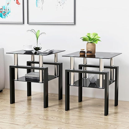 Set of 2 Glass End Table, Glass Side Table with Tempered Glass Top & Metal Legs, Living Room Table Modern Tea Table Side Tables 2-Layer for Living Room