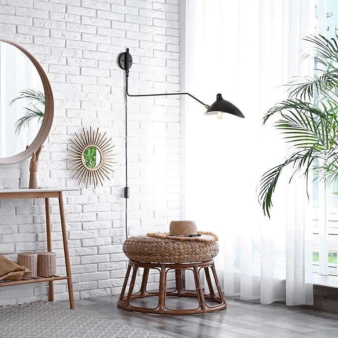 JONATHAN Y 8.5" Black/Brass Gold Retro Swing Arm LED Wall Sconce, Mid-Century Modern Iron Plug-in Light for Bedroom, Living Room, Adjustable Metal Bowl Shade (JYL9067B)