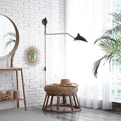 JONATHAN Y 8.5" Black/Brass Gold Retro Swing Arm LED Wall Sconce, Mid-Century Modern Iron Plug-in Light for Bedroom, Living Room, Adjustable Metal Bowl Shade (JYL9067B)
