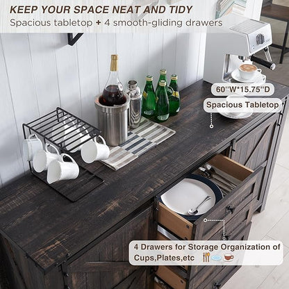 T4TREAM Farmhouse Sideboard Buffet Cabinet with Storage, 60" Large Kitchen Cabinet w/Sliding Barn Doors and 4 Drawers, 31.2'' Tall Rustic Wood Coffee Bar Table for Dining Room, Dark Rustic Oak