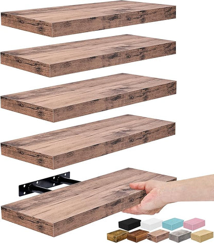 Sorbus Floating Shelves for Wall – 16 Inch Floating Shelf for Kitchen, Bedroom, Living Room, Bathroom, Home & Wall Decor - Mounted Bathroom Shelves with Invisible Brackets (Mahogany, 5 Pack)