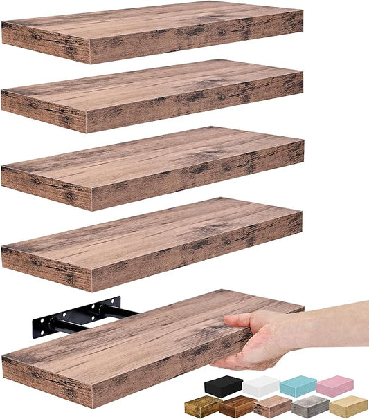 Sorbus Floating Shelves for Wall – 16 Inch Floating Shelf for Kitchen, Bedroom, Living Room, Bathroom, Home & Wall Decor - Mounted Bathroom Shelves with Invisible Brackets (Mahogany, 5 Pack)
