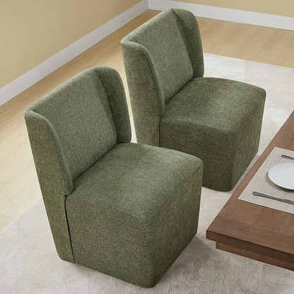 KISLOT Upholstered Dining Chairs Set of 1 with Casters, Wingback Modern Side Armless Deskchair with Rollers for Diningroom Bedroom Livingroom Reading Room, Green Fabric