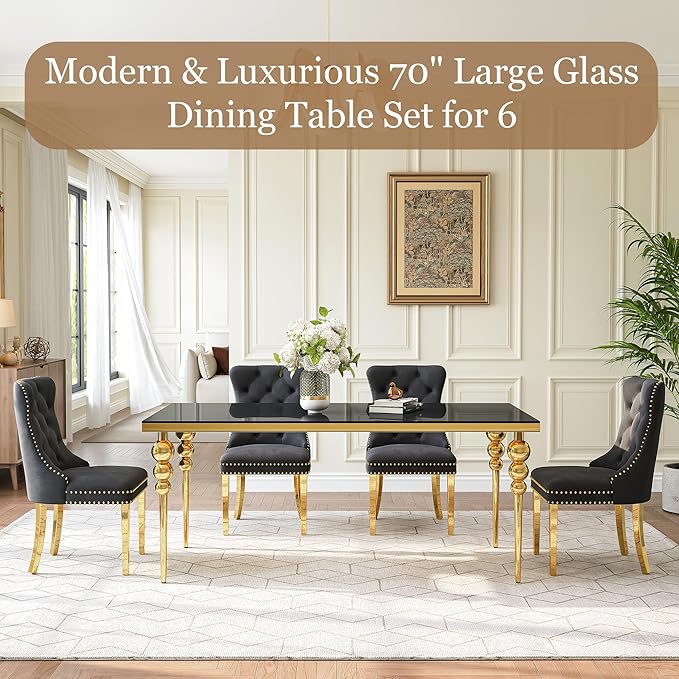 7 Piece Glass Dining Table Set, Modern 70 Inch Gold Rectangular Glass Kitchen Table, 6 Beige Exquisite Velvet Cushion Chairs for Living Room, Restaurant (Black-Top)