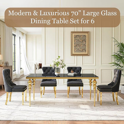 7 Piece Glass Dining Table Set, Modern 70 Inch Gold Rectangular Glass Kitchen Table, 6 Beige Exquisite Velvet Cushion Chairs for Living Room, Restaurant (Black-Top)