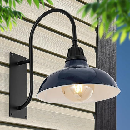 JONATHAN Y 12.25" Navy/Black 1-Light Farmhouse Gooseneck Outdoor Wall Sconce Lamp, with Black Metal Bowl Shade, Industrial Iron LED Porch Light for Patio Garage Entryway (JYL7614C)