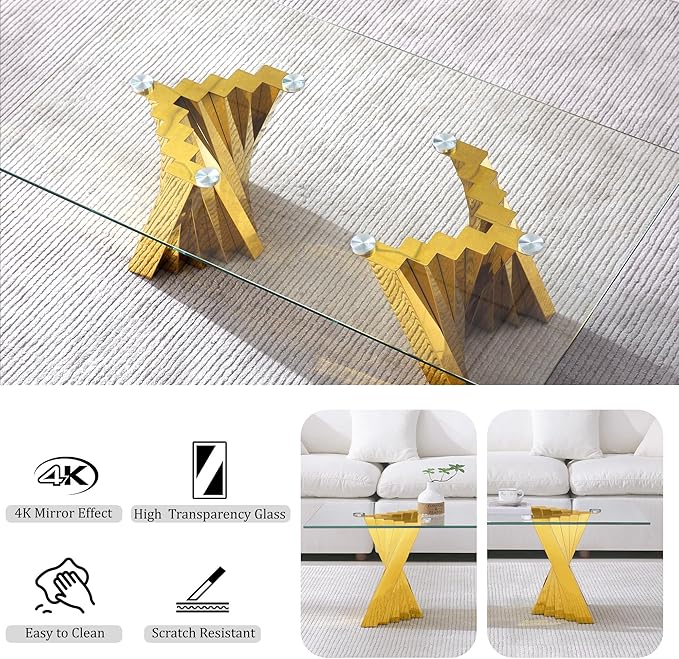 AF ARTISAN FURNITURE Glass Coffee Table, 51 Inch Rectangular Tempered Glass Coffee Table with Stainless Steel Legs, Central Table Cocktail Table Tea Table for Living Room Office, Gold