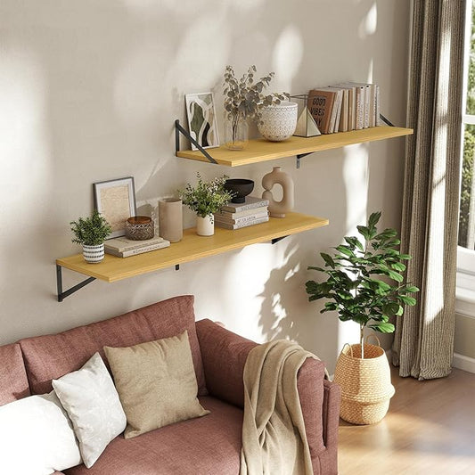 Acovy Deep Floating Shelves Wall Mounted, 48"x12" Oak Wall Shelves with Brackets Set of 2 for Bedroom, Living Room, Bathroom, Kitchen, Office - Storage & Display Shelf for Decor, Books, Plants